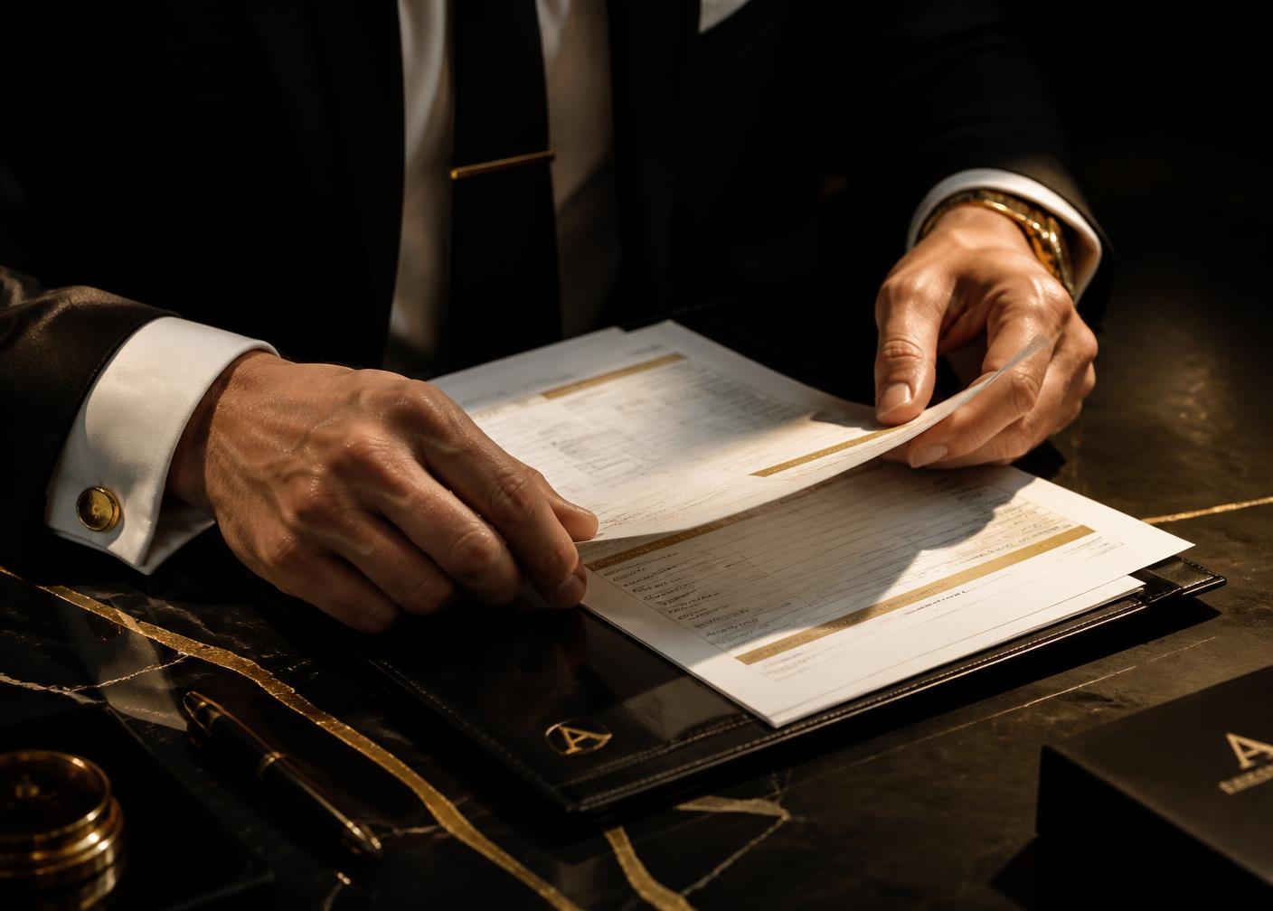 Close-up of completed documentation being assembled in a leather folio